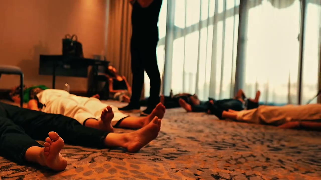 A full hotel hall mid-session, the room on the floor and Daria walking between them.